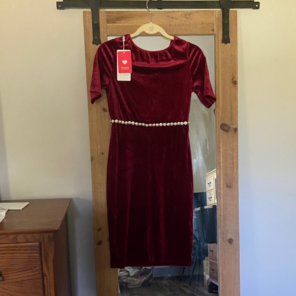 JJs House Velvet Burgundy Midi Dress with Pearl Accent